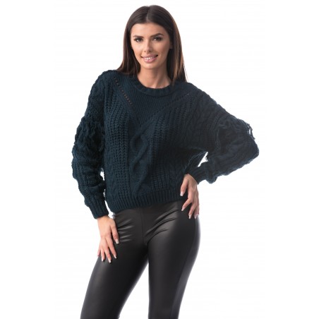 Pulover bleumarin tricotat cu torsade