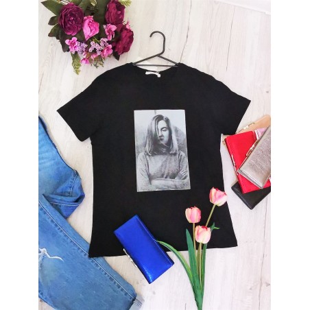 Tricou negru cu imprimeu vintage, vascoza