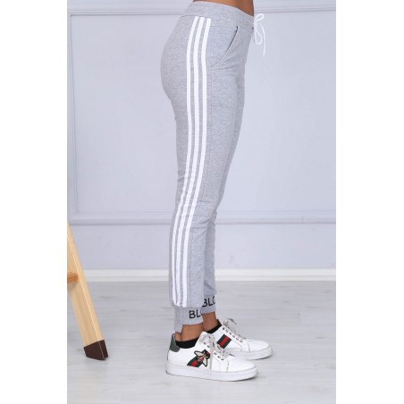 Pantaloni trening Blow din bumbac, gri cu dungi albe