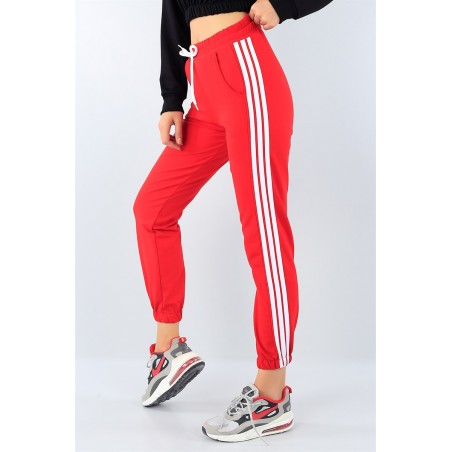Pantaloni trening cu dungi albe, rosii