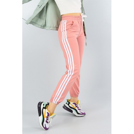 Pantaloni trening cu dungi albe,roz