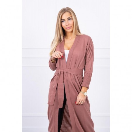 Cardigan lung subtire dark pink cu cordon