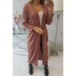 Cardigan lung subtire dark pink cu cordon