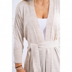Cardigan lung subtire beige cu cordon