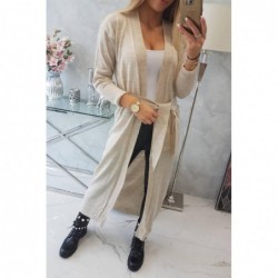 Cardigan lung subtire beige cu cordon