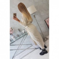 Cardigan lung subtire beige cu cordon